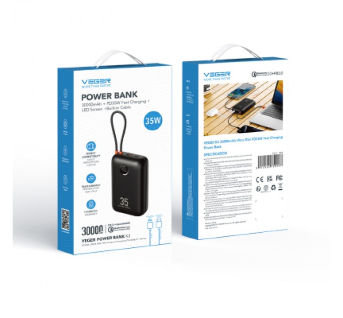 Батарея універсальна VEGER 30000mAh K3 35W PD QC3.0 black (6977525750137)