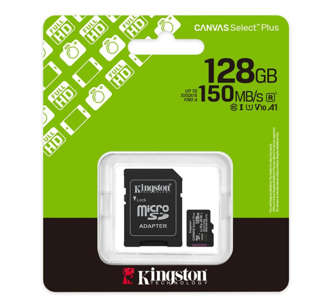 Kingston Карта пам`яті MicroSDXC 128GB UHS-I Class 10 Kingston Canvas Select Plus R150MB/s + SD-адаптер (SDCS3/128GB)