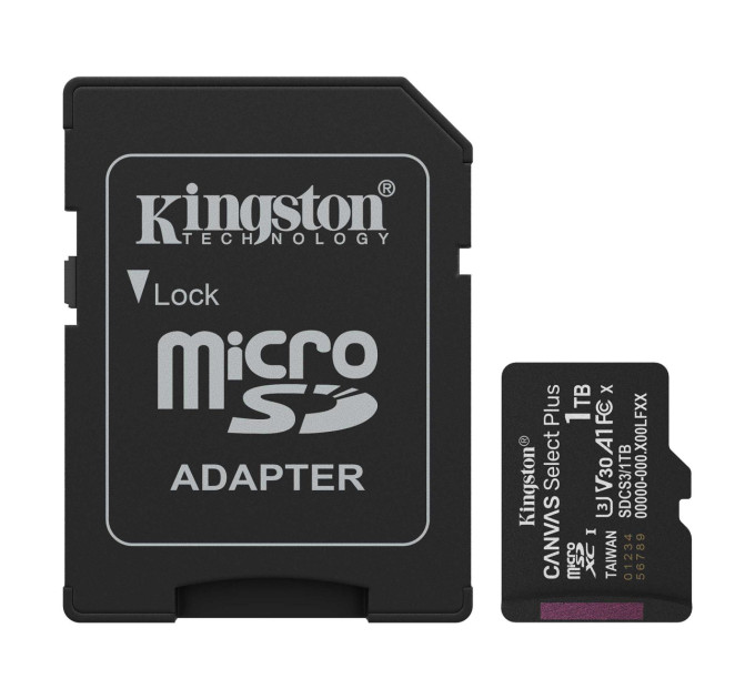 Kingston Карта пам`яті MicroSDXC 1TB UHS-I Class 10 Kingston Canvas Select Plus R150MB/s + SD адаптер (SDCS3/1TB)