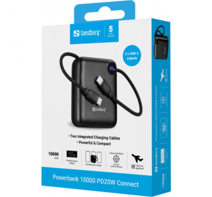 Батарея універсальна Sandberg 10000mAh PD/3.1/20W, QC/3.0, USB-C In/Out, with 2 cables USB-C (421-26)