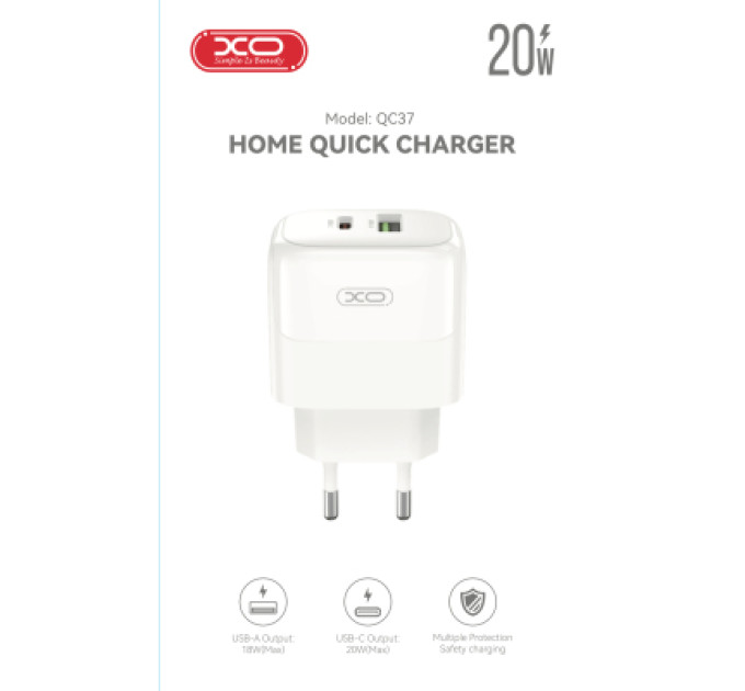 XO Зарядний пристрій XO 1xUSB QC3.0 + 1xUSB-C PD20W (XO-QC37)