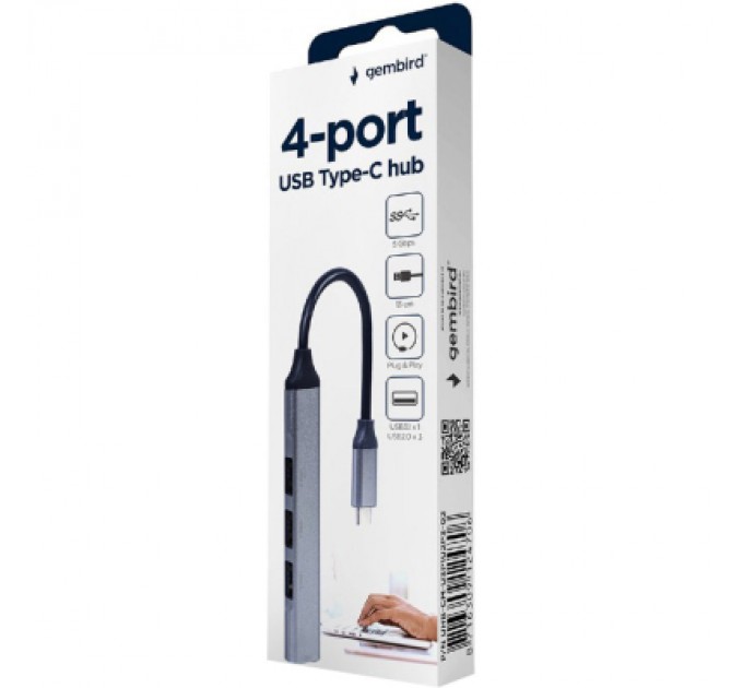 Gembird Концентратор Gembird USB-C 4 ports (1xUSB3.1+3xUSB2.0) metal silver (UHB-CM-U3P1U2P3-02)