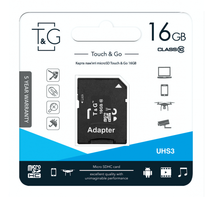 Карта пам`ятi MicroSDHC 16GB UHS-I U3 Class 10 T&G + SD-adapter (TG-16GBSD10U3-01)