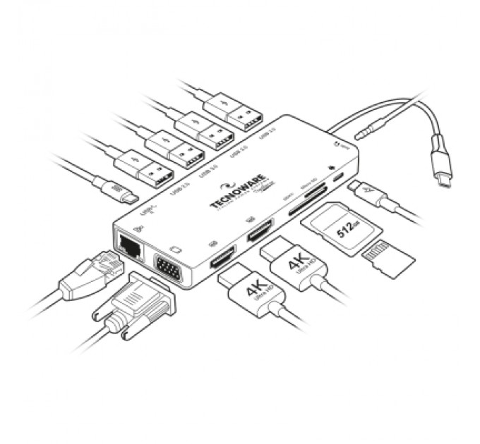 TECNOWARE Порт-реплікатор TECNOWARE Dock Station USB TYPE-C 13 in 1 Adapter HUB (FHUB17692)