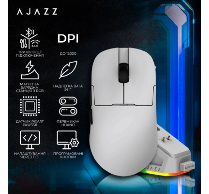Ajazz Мишка Ajazz AJ159P MC Wireless/Bluetooth/USB Charging Dock White (AJ159P-MC-W)