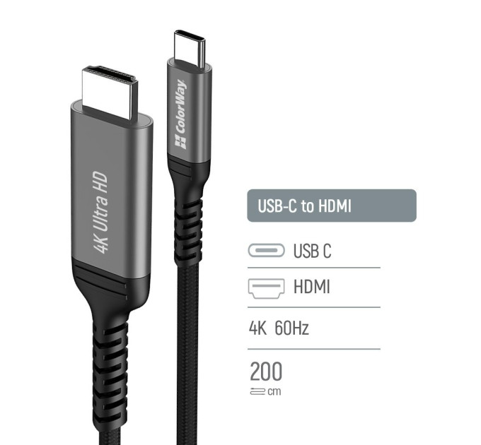 ColorWay Кабель ColorWay HDMI - USB Type-C (M/M), 4K/60 Гц, 2 м, Black (CW-CBCHD077-BK)