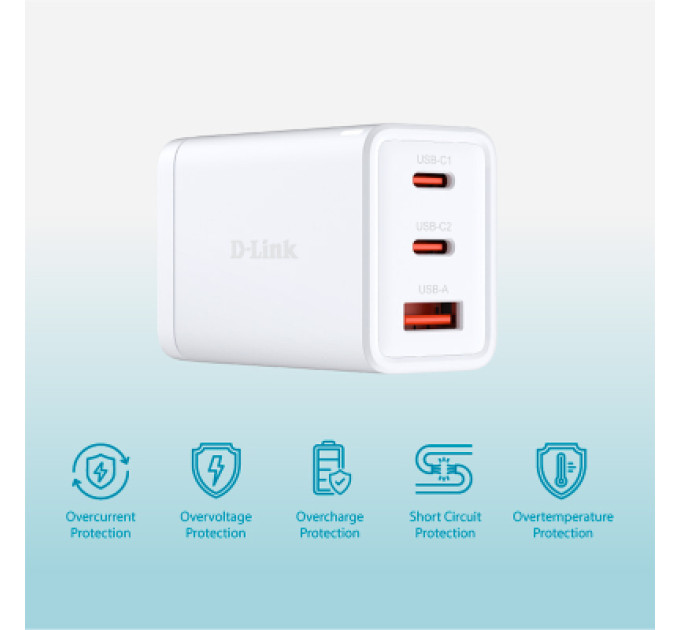 D-Link Зарядний пристрій D-Link 2xUSB-C + 1xUSB-A 65W GaN white (DCP-651)