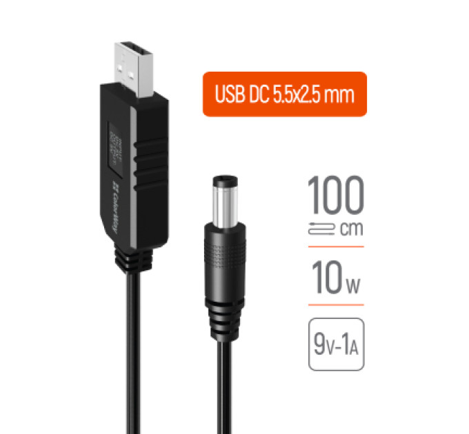 ColorWay Кабель живлення USB to DC 5.5x2.5mm 9V 1.0m black ColorWay (CW-CBUD066-BK)
