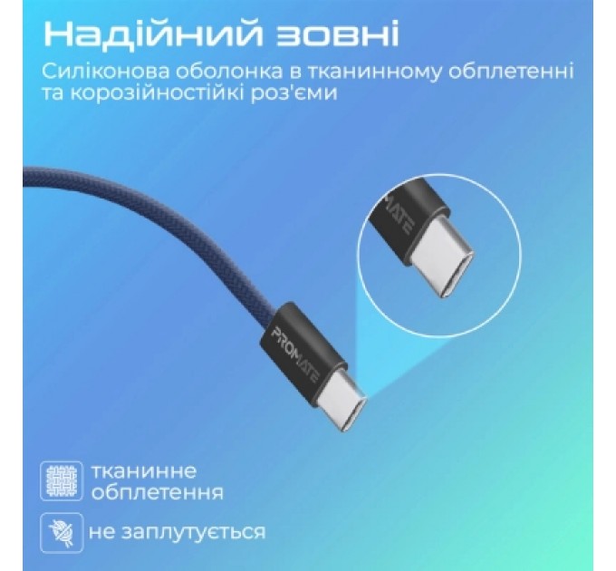 Дата кабель USB-C to USB-C ecoline-cc200.navy Promate (ecoline-cc200.navy)