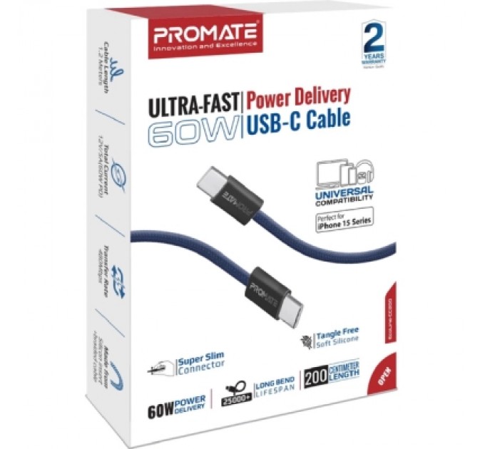 Дата кабель USB-C to USB-C ecoline-cc200.navy Promate (ecoline-cc200.navy)