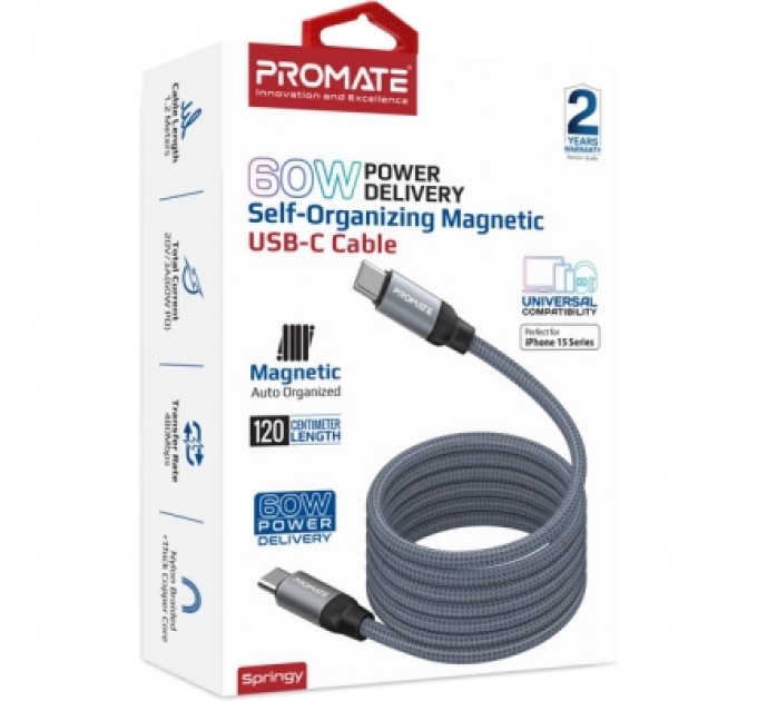 Дата кабель USB-C to USB-C springy.grey Promate (springy.grey)