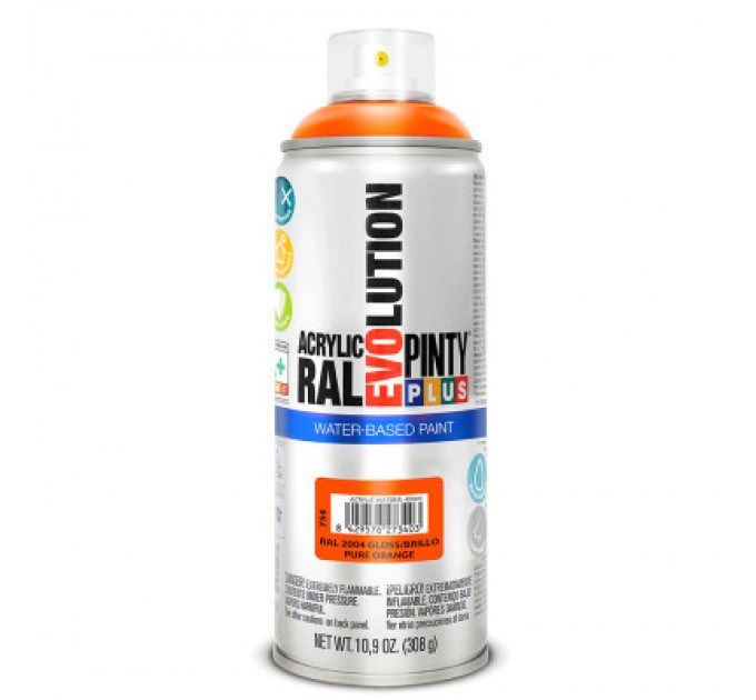 Фарба-аерозоль Pintyplus на водній основі Evolution Ral 2004, Жовтогарячий, глянцевий, 400 мл (8429576273403)