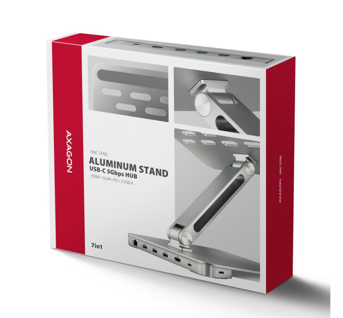 AXAGON Багатопортовий USB-C хаб 5 Гбіт/с та алюмінієва підставка для ноутбуків. HDMI 4k/60 Гц, GLAN, PD та 3 порти USB-A. Кабель USB-C 60 см AXAGON