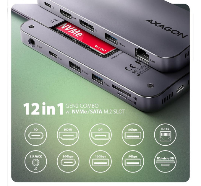 AXAGON Багатопортовий USB-C хаб 10 Гбіт/с. NVMe/SATA M.2, HDMI та DisplayPort. Кабель USB-C 50 см AXAGON