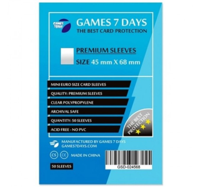 Протектор для карт Games 7 Days 45 х 68 мм, Mini Euro, 50 шт (PREMIUM) (GSD-024568)