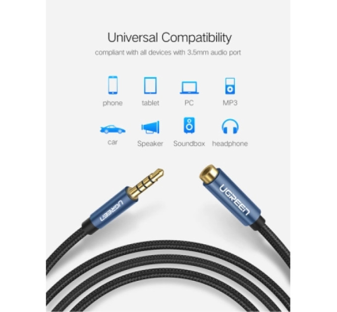 Ugreen Кабель мультимедійний 3.5mm M to 3.5mm F 2.0m AV118 blue Ugreen (40675)