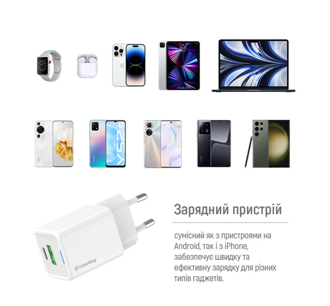 ColorWay Мережевий зарядний пристрій ColorWay GaN Mini 20W PD Port PPS USB (Type-C PD + USB QC4.0) White (CW-CHS062PD-WT)