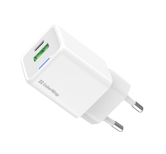 ColorWay Мережевий зарядний пристрій ColorWay GaN Mini 20W PD Port PPS USB (Type-C PD + USB QC4.0) White (CW-CHS062PD-WT)