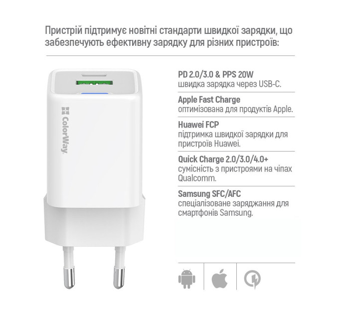 ColorWay Мережевий зарядний пристрій ColorWay GaN Mini 20W PD Port PPS USB (Type-C PD + USB QC4.0) White (CW-CHS062PD-WT)