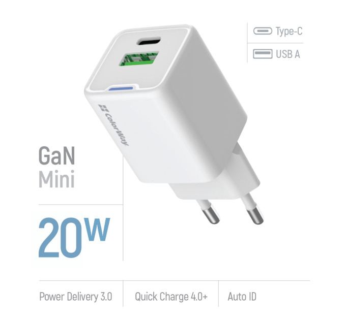 ColorWay Мережевий зарядний пристрій ColorWay GaN Mini 20W PD Port PPS USB (Type-C PD + USB QC4.0) White (CW-CHS062PD-WT)