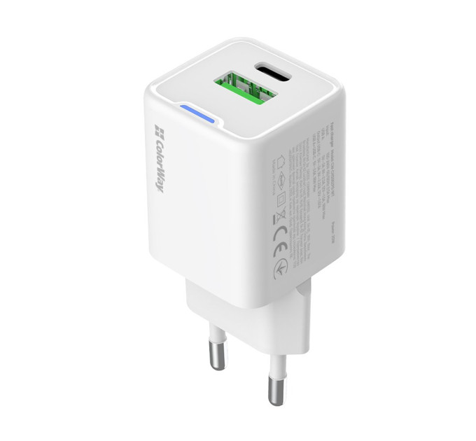 ColorWay Мережевий зарядний пристрій ColorWay GaN Mini 20W PD Port PPS USB (Type-C PD + USB QC4.0) White (CW-CHS062PD-WT)