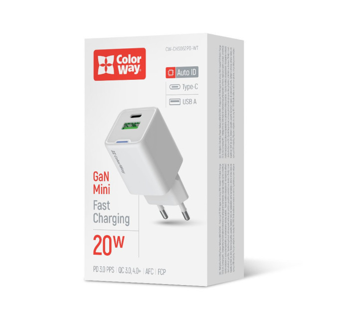 ColorWay Мережевий зарядний пристрій ColorWay GaN Mini 20W PD Port PPS USB (Type-C PD + USB QC4.0) White (CW-CHS062PD-WT)