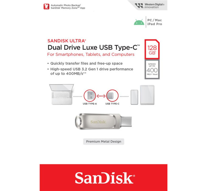 SanDisk USB флеш накопичувач SanDisk 128GB Dual Drive Luxe USB 3.1 + Type-C (SDDDC4-128G-G46)
