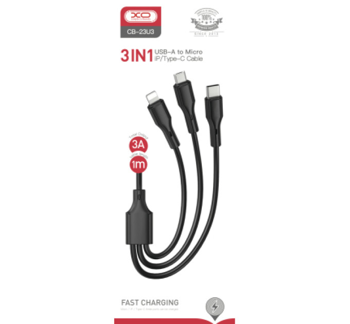 XO Дата кабель USB 2.0 AM to Lightning + Micro 5P + USB-C 3A black XO (CB-23U3-BK)