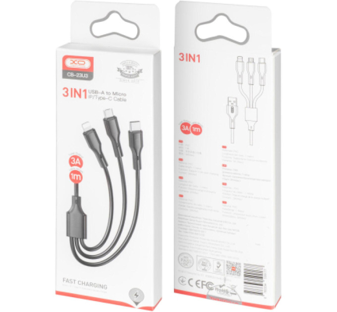 XO Дата кабель USB 2.0 AM to Lightning + Micro 5P + USB-C 3A black XO (CB-23U3-BK)