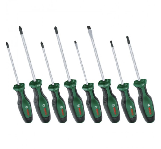 Набір викруток Bosch набір 8шт, SL 4, 6.5 мм, PH1х100 мм, PH2х125 мм, PZ1х100 мм, PZ2х125 мм, Т20х (1.600.A02.BX8)