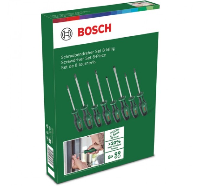 Набір викруток Bosch набір 8шт, SL 4, 6.5 мм, PH1х100 мм, PH2х125 мм, PZ1х100 мм, PZ2х125 мм, Т20х (1.600.A02.BX8)