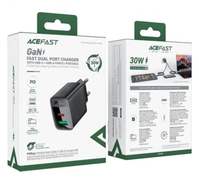 Зарядний пристрій Acefast 2xUSB 30W (USB-C+USB-A) Gan A98 Black (6974316283263)