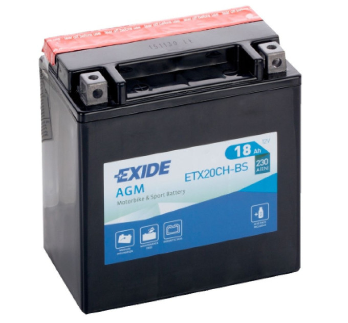EXIDE Акумулятор автомобільний EXIDE Акумулятор Мото EXIDE 18Ah Ев (-/+) (230EN) (д150*ш90*в160) ETX20CH-BS (ETX20CH-BS)