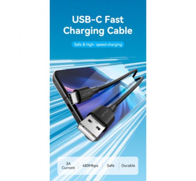 Дата кабель USB 2.0 AM to Type-C 3.0m 3.0A (18W) PVC black Vention (CTHBI)