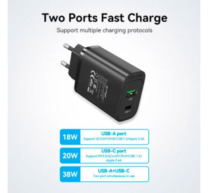 Зарядний пристрій Vention 2xUSB 38W (USB-C+USB-A) PD+QC3.0 black (FBIB0-EU)