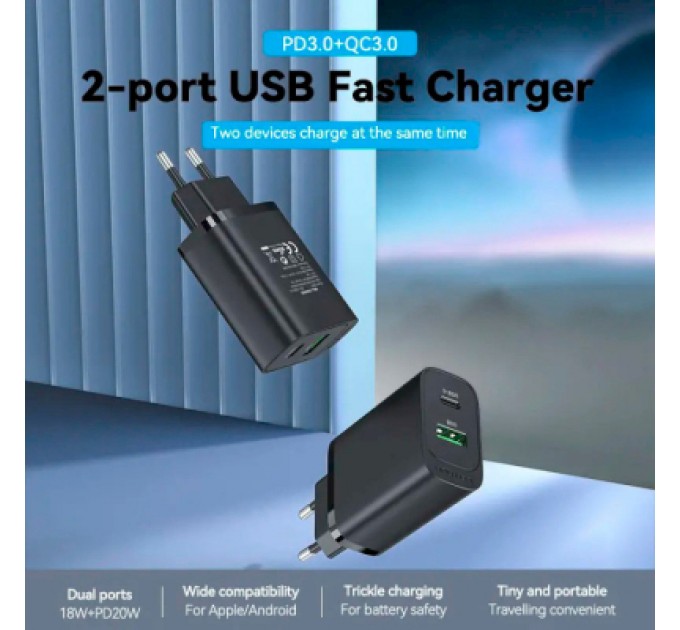 Зарядний пристрій Vention 2xUSB 38W (USB-C+USB-A) PD+QC3.0 black (FBIB0-EU)