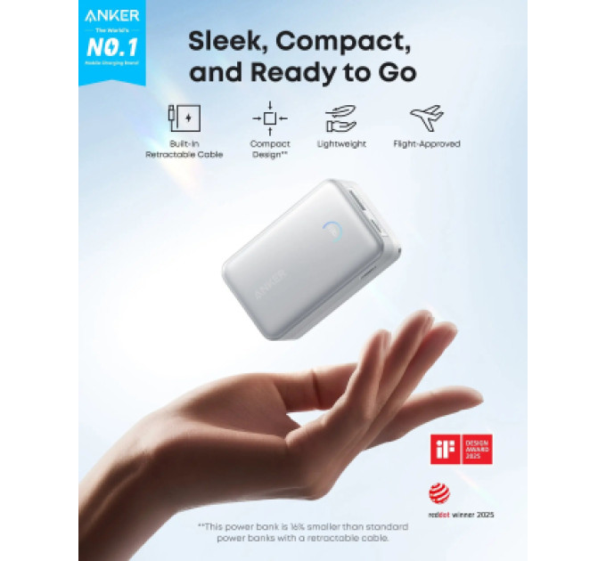 Anker Батарея універсальна Anker Nano 10000mAh, 45W, Built-In USB-C Cable, white (A1638H21)