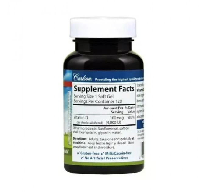 Вітамінно-мінеральний комплекс Carlson Вітамін D3, 4000 МО, Vitamin D3, 120 желатинових капсул (CL1431)
