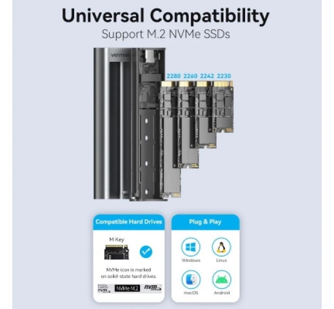 Кишеня зовнішня Vention SSD M.2 (NVME) M-key USB Type-C 3.2 10Gbps Heat Sink Aluminum (KPKH0)