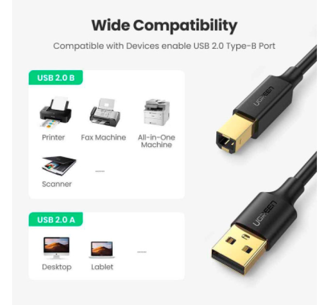 Ugreen Кабель для принтера USB 2.0 AM/BM 2.0m black Ugreen (20847)