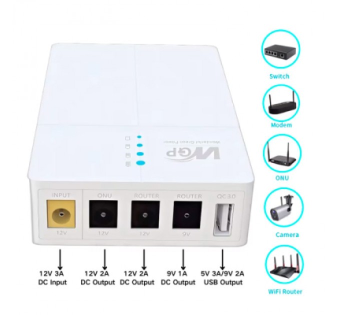 Пристрій безперебійного живлення RCI для роутера WGP 27W вх:5.5x2.1, вих:5.5x2.5 12V/2A, 9V/1A, USB (UPS302 / 560580)