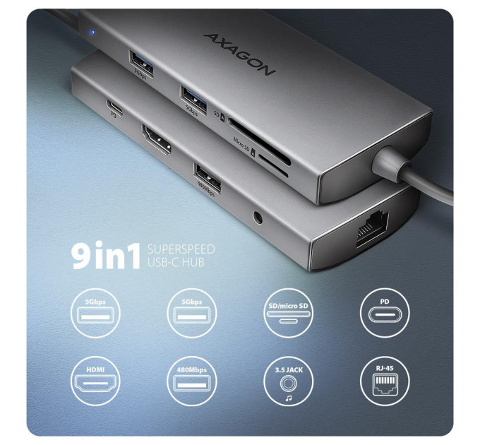 AXAGON Хаб концентратор AXAGON HMC-8HLSA USB-C 5Gbps 9in1 hub, Grey