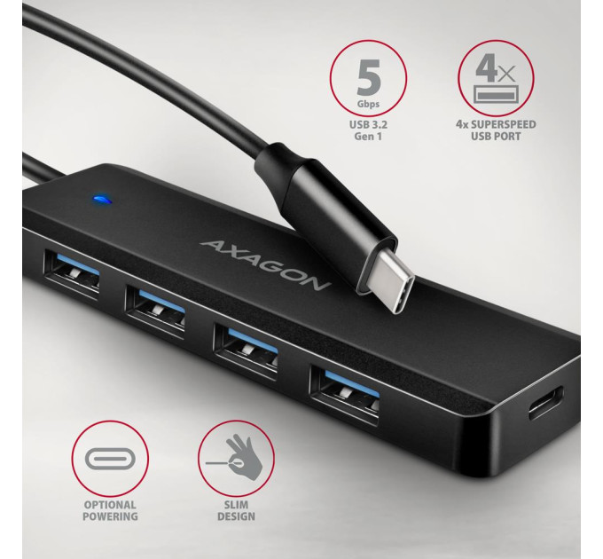 AXAGON Хаб AXAGON HUE-C1C USB-C 5Gbps TRAVEL hub, 20cm Type-C cable, Black
