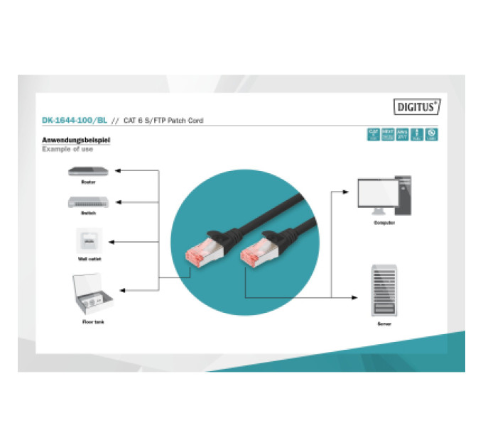 Digitus Патч-корд 10м, CAT 6 S-FTP, AWG 27/7, LSZH, black Digitus (DK-1644-100/BL)