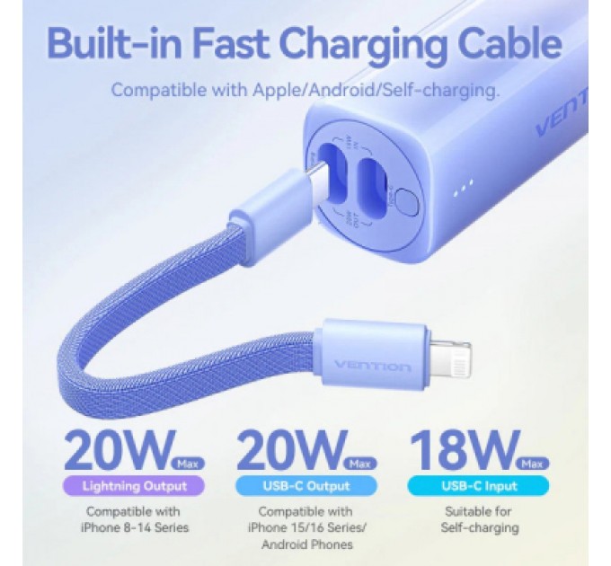 Батарея універсальна VENTION 5000mAh 20W PD, USB-C In/Out, Lightning In/Out, with cable, Gradient Gray (FHWM0)