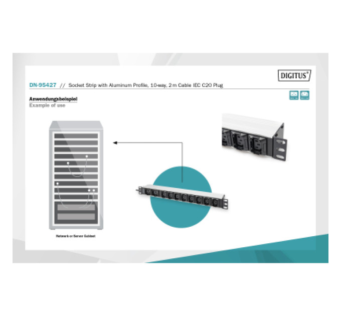 Digitus Силовий блок 19" 1U w/PDU 8xC13, 2xC19, 16A, 250V, вилка C20 Digitus (DN-95427)