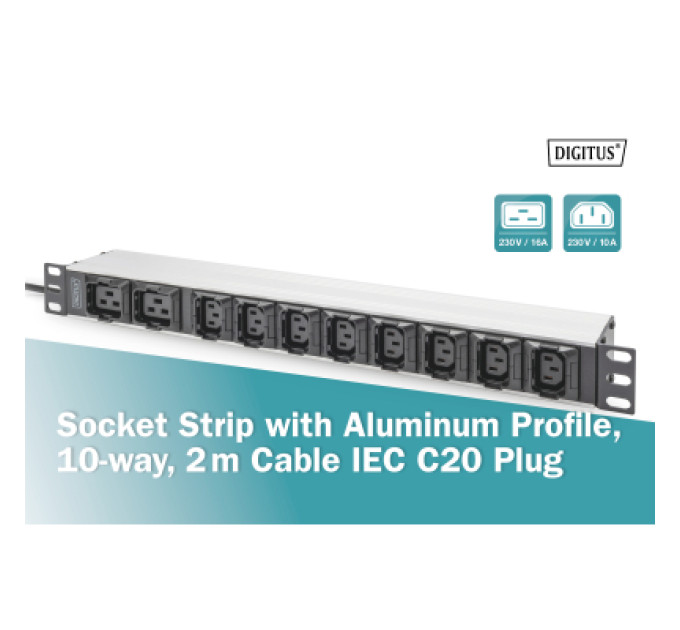 Digitus Силовий блок 19" 1U w/PDU 8xC13, 2xC19, 16A, 250V, вилка C20 Digitus (DN-95427)