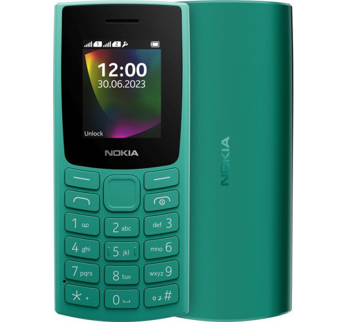 Мобильный телефон Nokia 106 2023 Dual Sim Green; 1.77" (160x120) TFT / клавиатурный моноблок / ОЗУ 4 МБ / 4 МБ встроенной + microSD до 32 ГБ / без камеры / 2G (GSM) / 115.1x49.4x14.5 мм, 79.4 г / 1000 мАч / зеленый