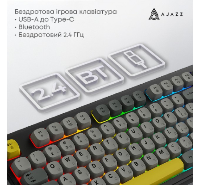 Клавіатура Ajazz AF98 Plus Wireless/Bluetooth/USB UA Black/Grey/Yellow (AF98-PLUS-BGY)