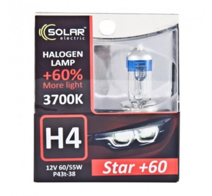 Автолампа SOLAR H4 12V 60/55W P43t-38 Starlight + 60, (1234S2)